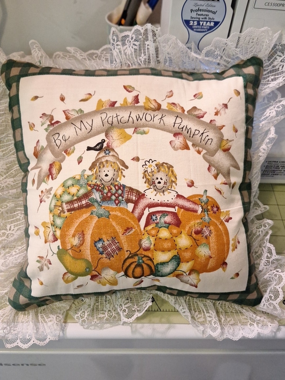 Handmade Vintage Be MyPatchwork Pumpkin Decorative Throw Pillow - Cream & Orange